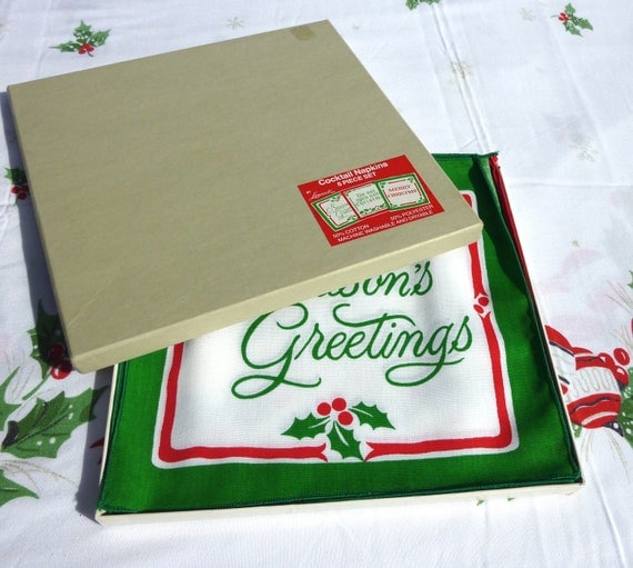 Vintage Christmas Cocktail Napkins Printed Linens Red and