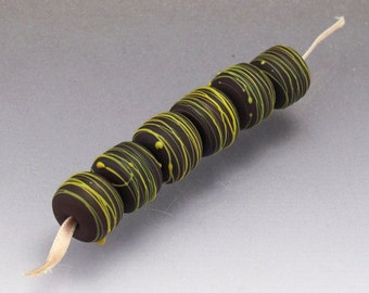 Lampwork handmade glass bead set matte etched round beads chocolate lime Cocoon Anne Londez SRA OOAK