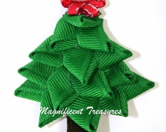 3D Christmas Tree Ribbon Sculpture Hair Clip or Pin