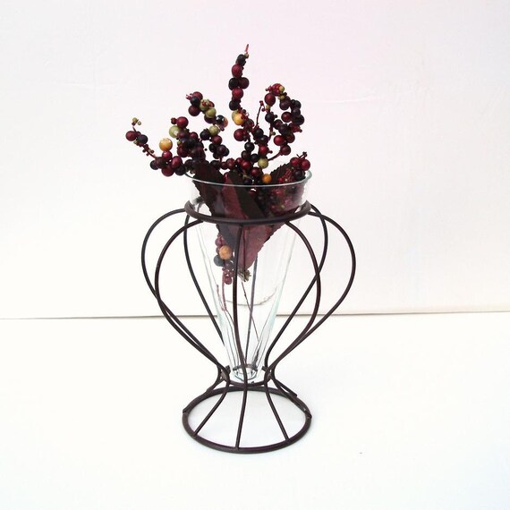 Vintage Glass Vase with Metal Stand Clear Glass Cone Flower