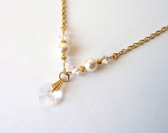 Flower Girl Pearl & Gold Necklace, Crystal Heart Necklace, Flower Girl Gift, Swarovski, Little Girl Jewelry, Kids Necklace, IVORY or WHITE