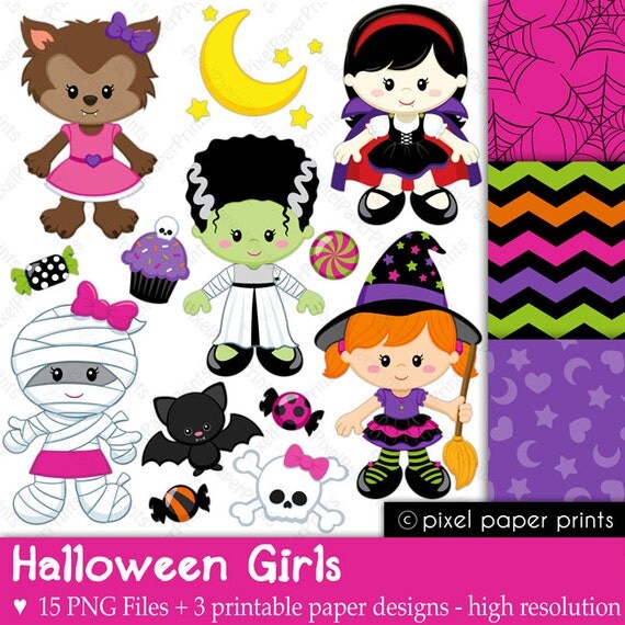 Halloween Girls - Halloween clipart - Clip art and Digital paper set Il_570xn