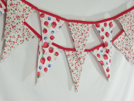 Strawberry Fabric Bunting - BERRIES - Party Decor, Photo Props - 9 FT total