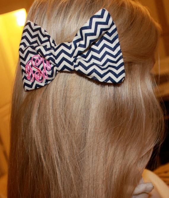 Items similar to Navy Chevron Monogram Bow Tie Hair Bow on ...