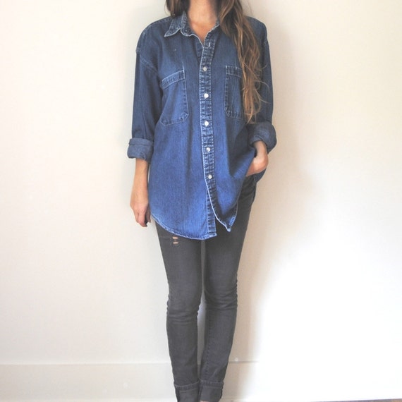 Items similar to Denim Button Up Shirt // Womens Button Up Dark Jean