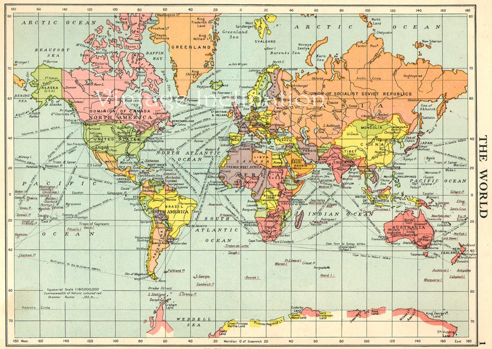 vintage map world globe earth original 1950 by