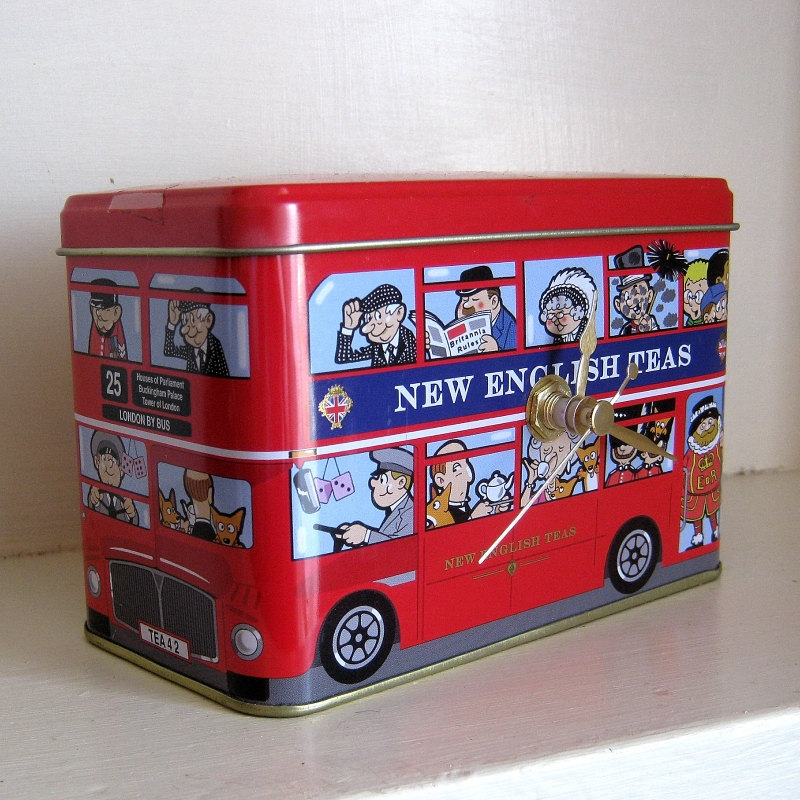 Tea Tin Clock Red London Bus Recycled Tin Moneybox