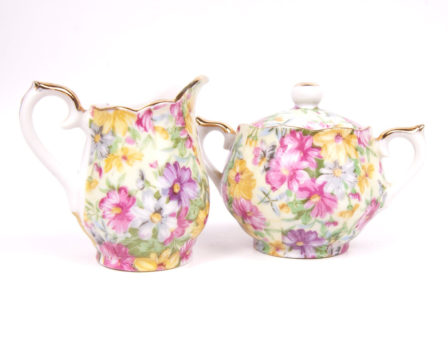 Vintage Pastel Floral Sugar and Creamer Set Japan Porcelain