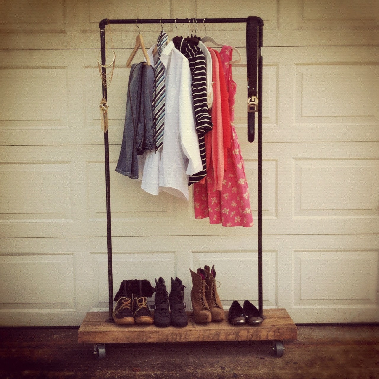 industrial Rustic Garment Rack with Steel Pipe and Recycled