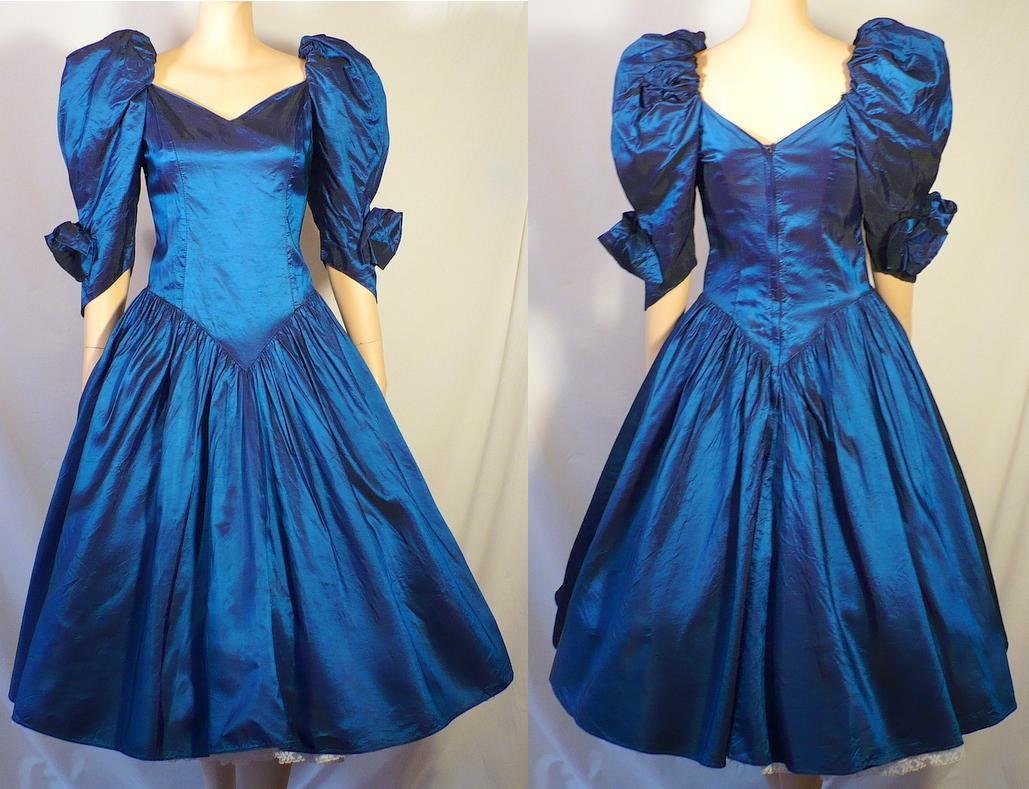 M 80s Vintage Prom Dress Blue Black Silk Puff Sleeves Tea