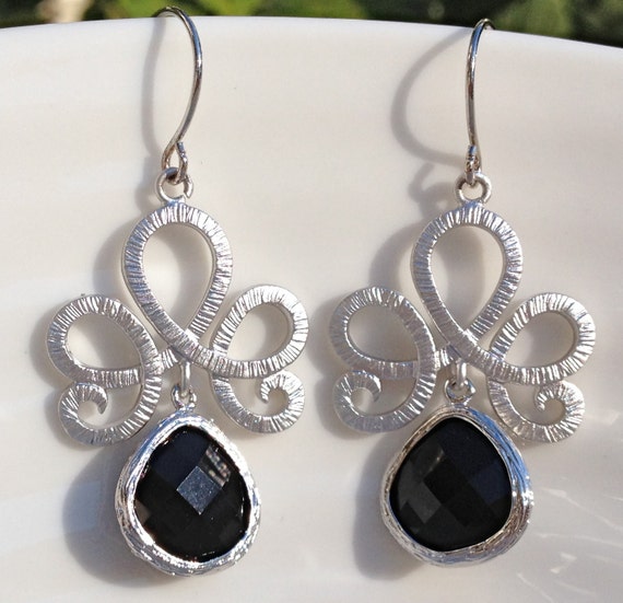 Silver Black Onyx Lotus Earrings bridesmaid earrings