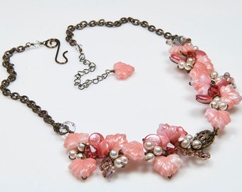Peach Beaded Necklace, Flower Necklace, Garden Necklace, Nature Jewelry twisted wire jewelry