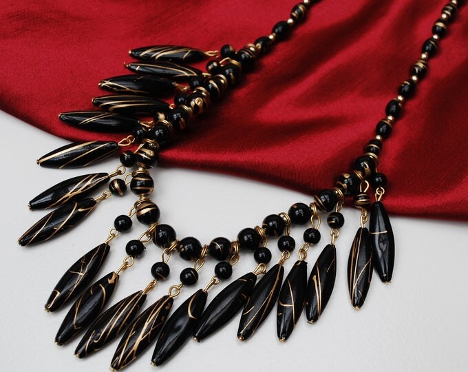 Black bead Bib Necklace - Gold Black Bead - Resin gold metal trim - Statement necklace