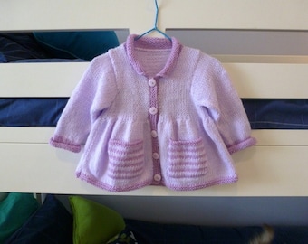 Hand knit baby sweater, hand knit baby cardigan, girls sweater, knit baby clothes, baby gift, stripes on pockets, baby to 6 months