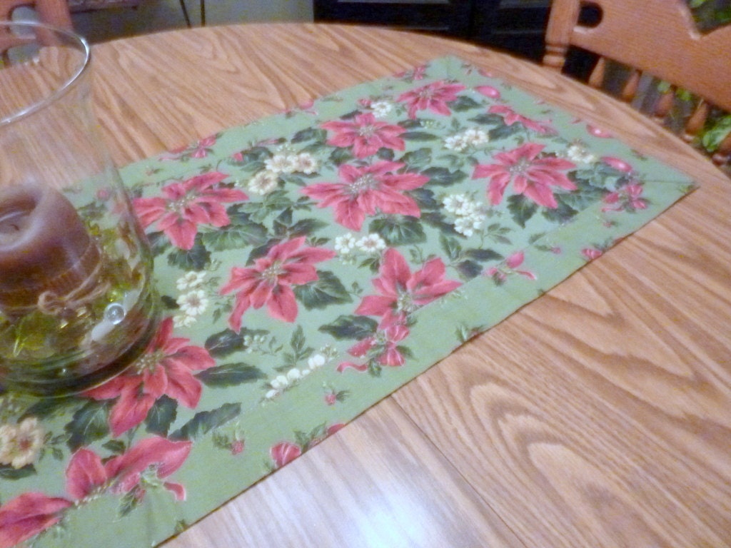 Christmas Table Runner sage green Burgundy Poinsettias and