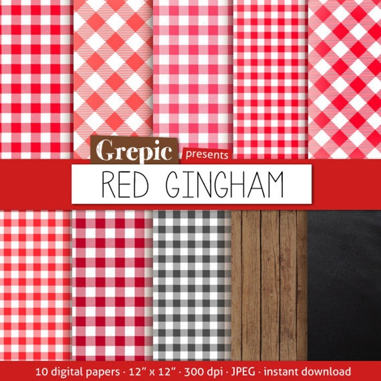 Red gingham digital paper RED GINGHAM with picnick by Grepic