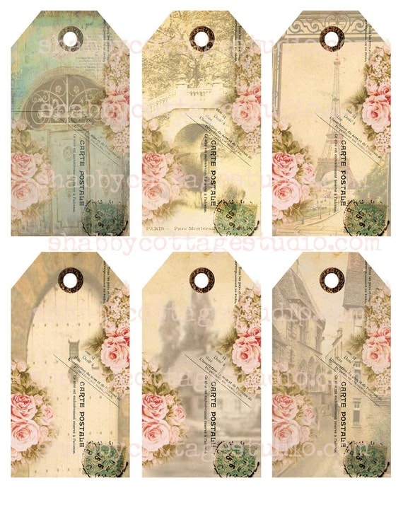 INSTANT DOWNLOAD Digital Collage Sheet TAGS French Postcard
