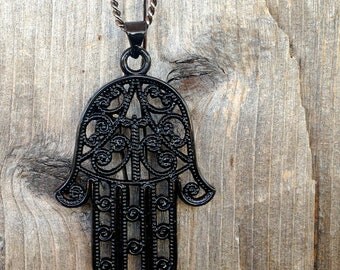 Black Hamsa Necklace on Gunmetal Chain