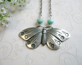 Silver butterfly necklace, vintage style pendant, moth, nature