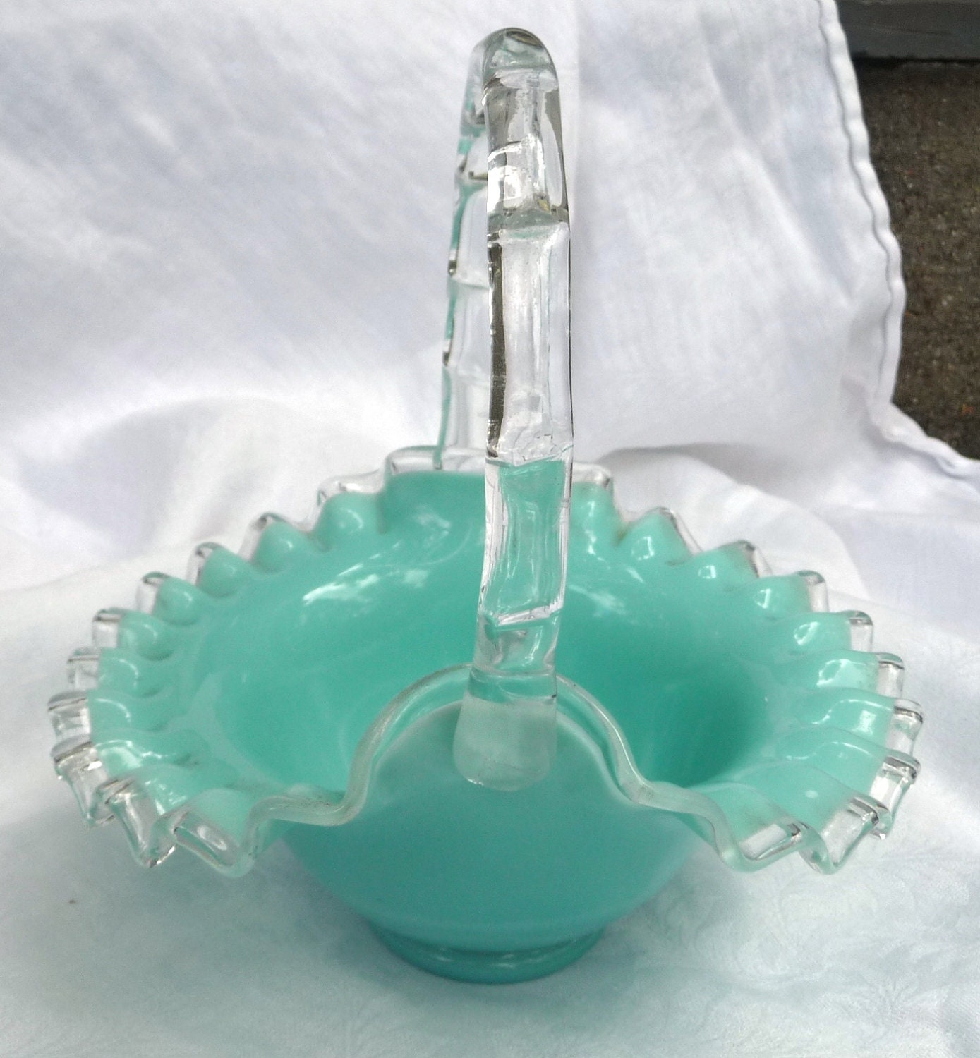 1950s Fenton Glass Basket Turquoise Silver Crest Ruffle Edge