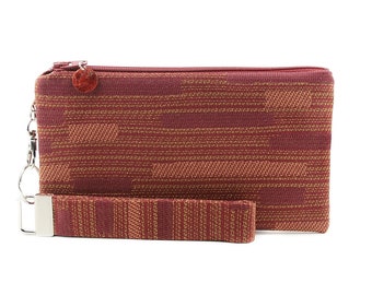 Summer wristlet - striped orange bag - zippered small purse - pouch & key fob gift set for women - recycled fabric clutch made in America