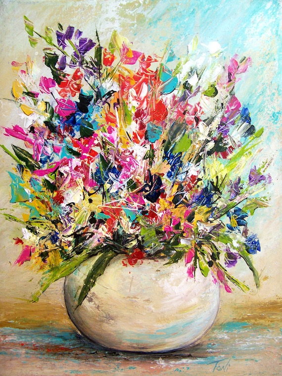 Items similar to Wild Flowers in Pottery Vase, Original Acrylic