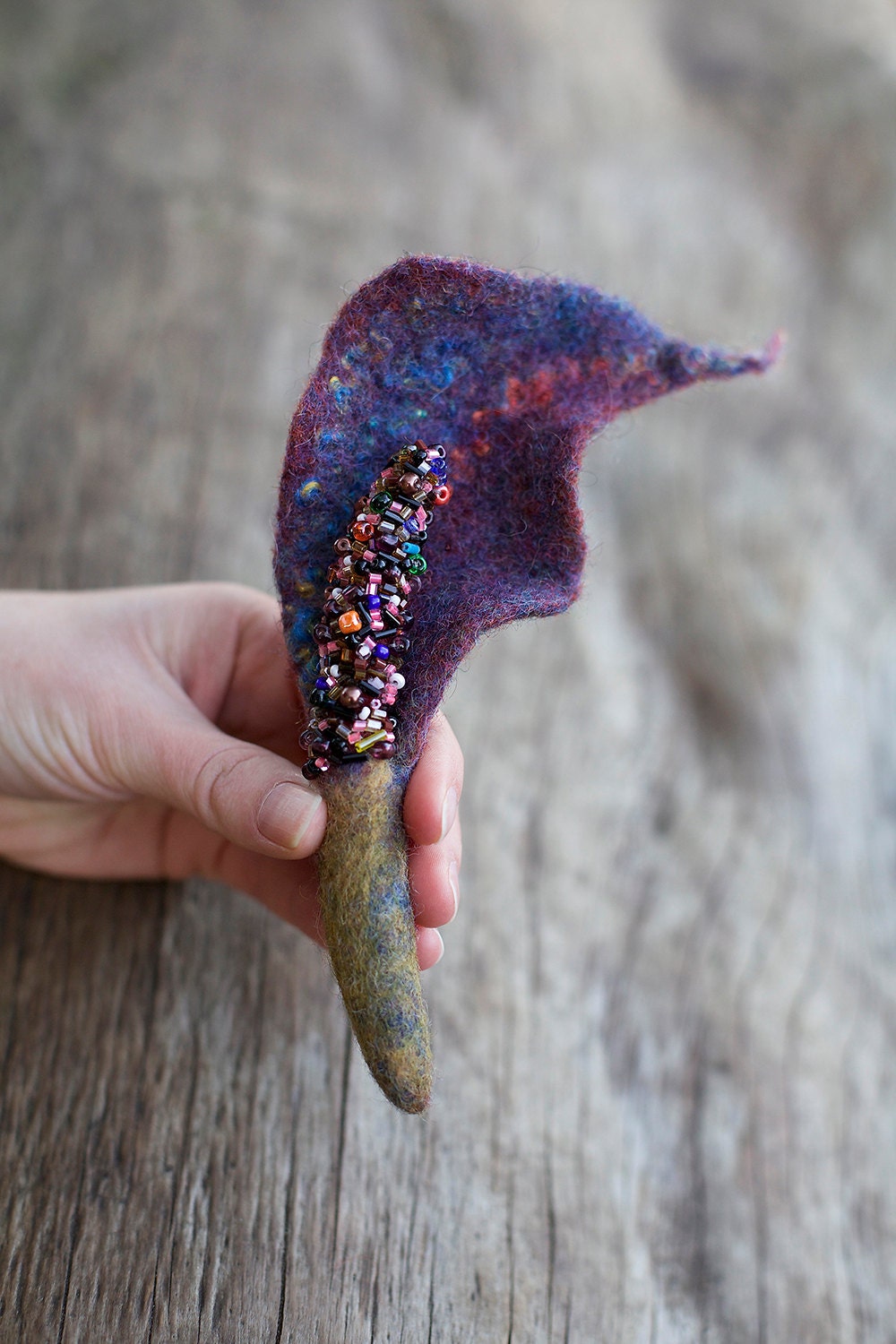 Wool flower Felted and beaded exotic purple flower