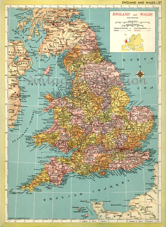 Vintage Maps England and Wales mid century map UK United