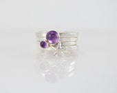 Starfish stacking rings February birthstone Amethyst Gemstones - Silver hammered stackers - set of 4 hand made to your size. Beach Wedding