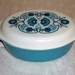 Pyrex Horizon Blue Casserole & Lid 1.50 Quarts Vintage 1970s Deep Turquoise Floral Scroll Pattern Kitchen Bake Ware
