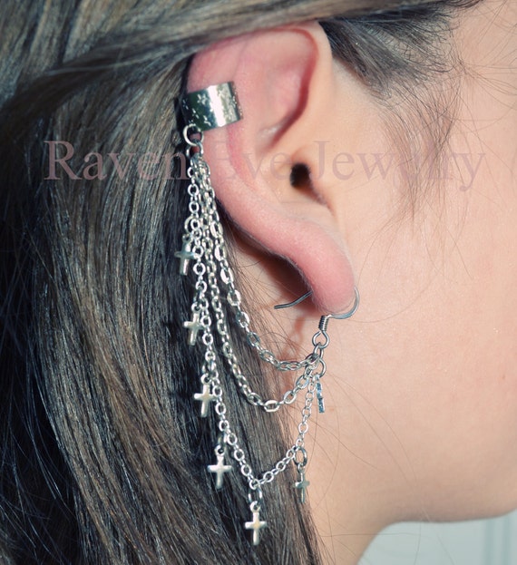 Cross Ear Cuff Tiny Silver tone Crosses Charms by ravenevejewelry