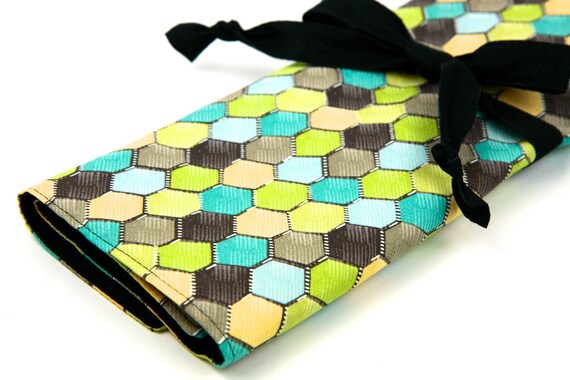 Knitting Needle Case - Honeycomb Retro - IN STOCK Large Organizer 30 black pockets for circular, straight, dpn,