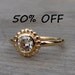 CLEARANCE - Moissanite and Recycled 14k Yellow Gold Halo Engagement or Wedding Ring, size 6.75 - Diamond Alternative