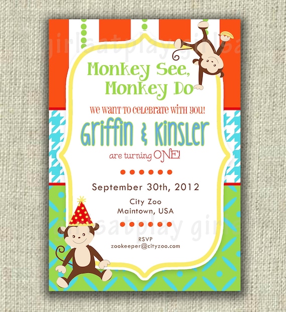 Boy Birthday Invitation Invite Monkey Twins Jungle Zoo Digital - by girlsatplay girls at play Il_570xn