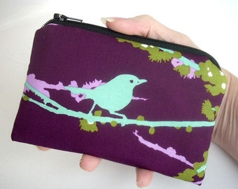 Padded Zipper Pouch Sparrows on Plum ECO Friendly Little Zipper pouch