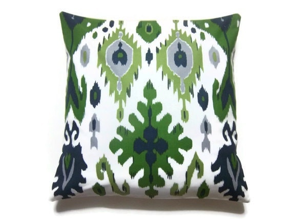 Two Olive Green Navy Blue Charteuse Gray White Ikat Design