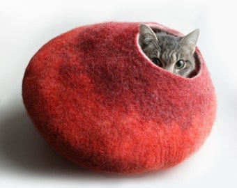 Cat Nap Cocoon / Cave / Bed / House / Vessel - Hand Felted Wool - Crisp Contemporary Design - READY TO SHIP Warm Orange Red Bubble