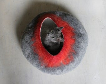 Gray Red Bubble - Hand Felted Wool Cat Bed / Vessel - Crisp Contemporary Design