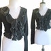 Cropped Sweater Jacket M Ruffled Black Recycled Eco Friendly Medium with Floral Pin
