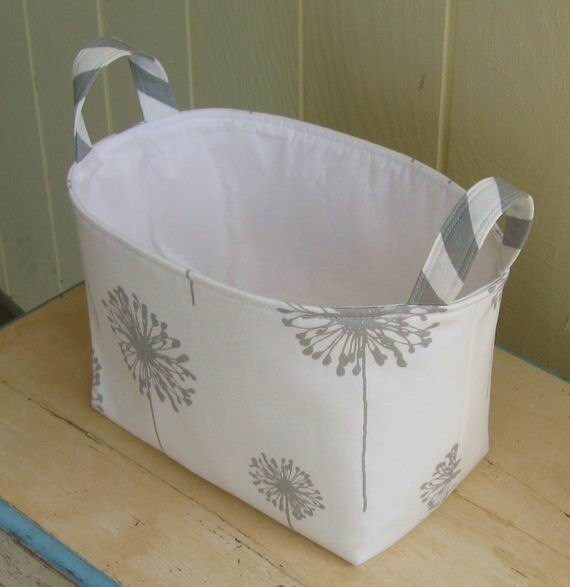 Fabric Storage Bin Organizer Basket Dandelions Gray White