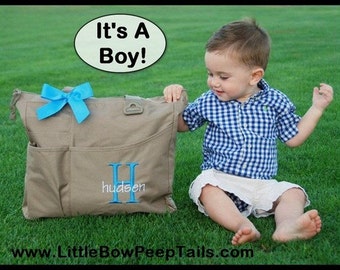 Baby Boy Diaper Bag - Initial and Name Monogrammed Super Feature Tote - Personalized Large Size Solid Color Baby Boy Diaper Shower Gift Idea