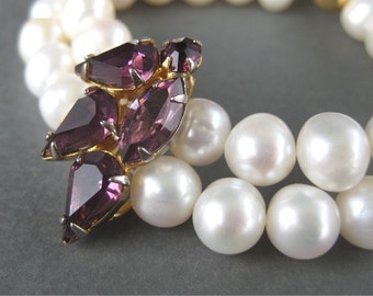 Purple Rhinestone Pearl Bracelet, Gold Bridal Bracelet, Two Pearl Strands, Handmade, Royal
