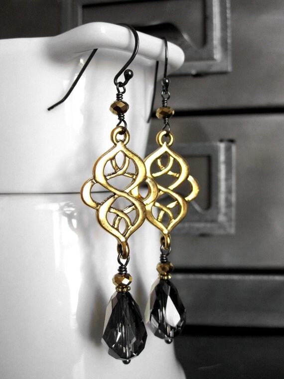 SALE Gold Bollywood Chandelier Earrings India Gold Scroll