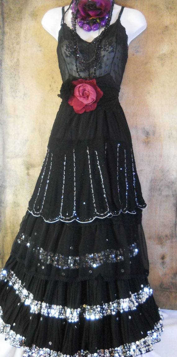 Black beaded dress gypsy sequins sparkle tiered rose goth