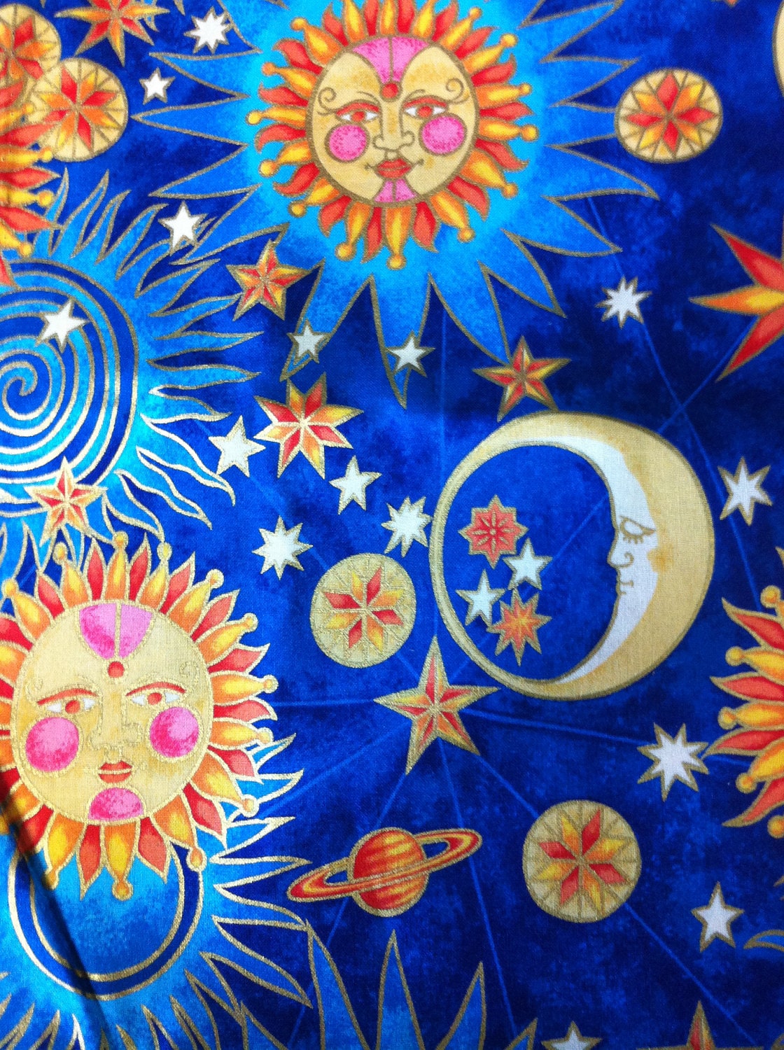 Celestial Sun Moon Stars Cotton Fabric
