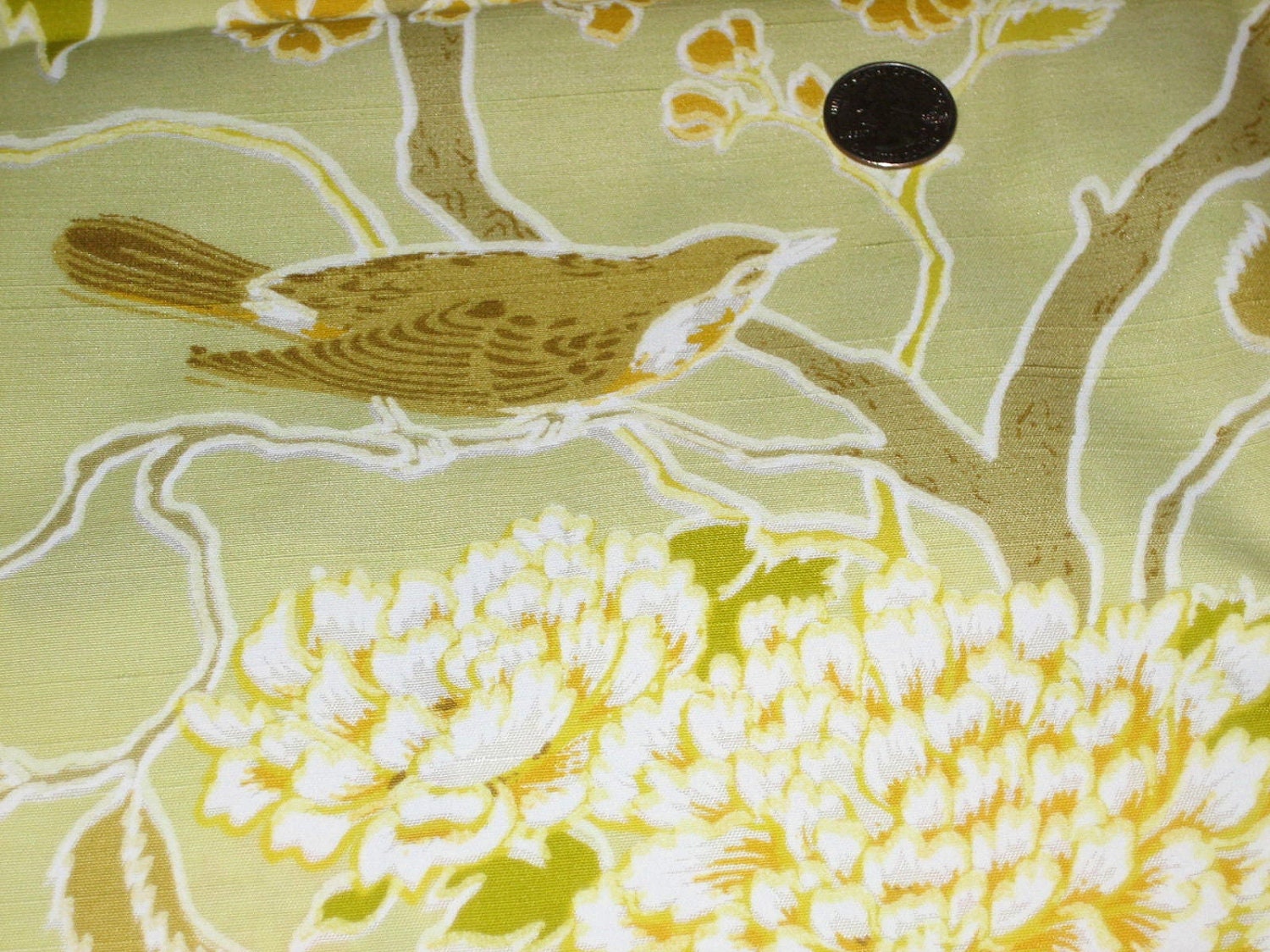 Beautiful Vintage Linen and Satin Upholstery Fabric Bird