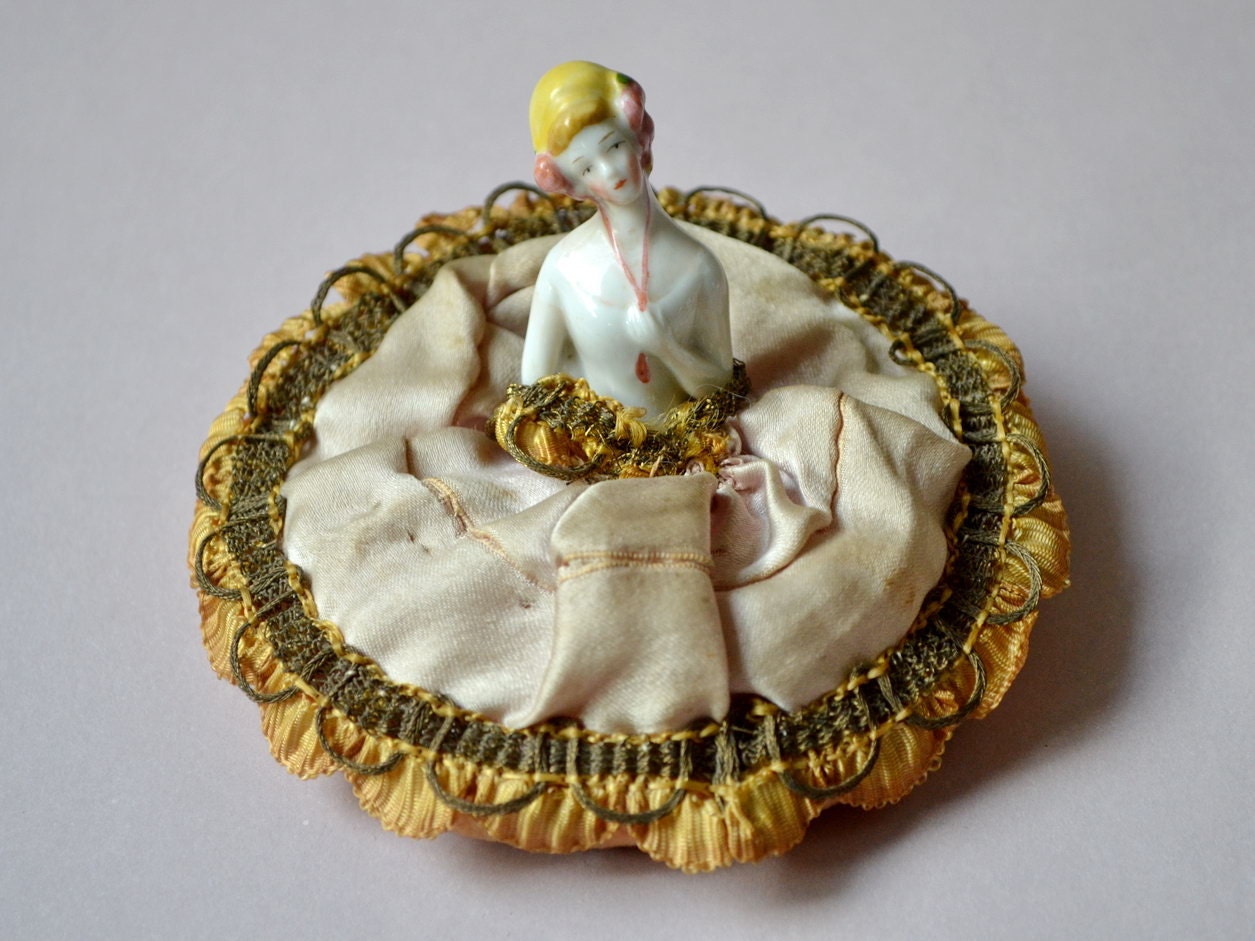 Antique Powder Puff Porcelain Doll German Silk Ribbon