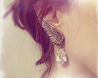 Clip On Dangle Earrings Clip On Earrings winged earrings BRASS Bridal Crystal Wing Earrings