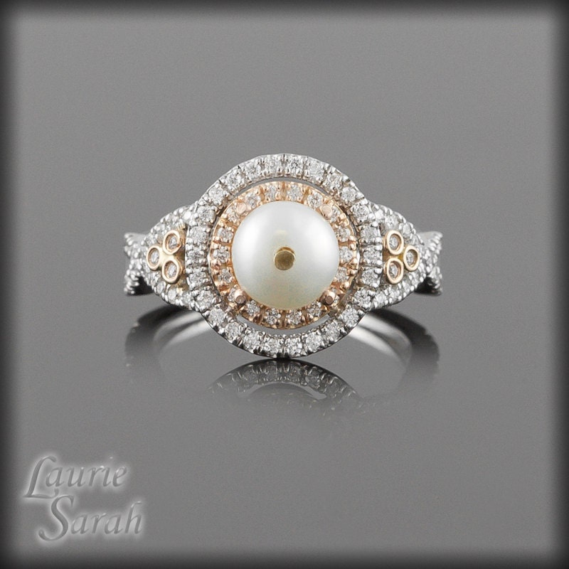 Halo Engagement Ring Pearl and Diamond Ring in two tone 14kt