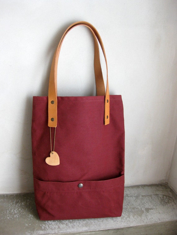 Burgundy Tote Bag Canvas Waxed with Leather Straps by avivaschwarz